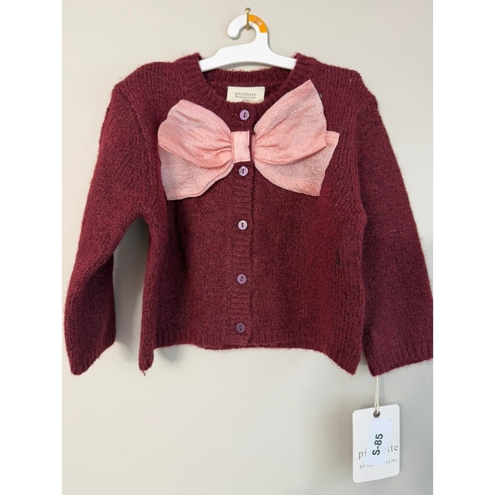 Picolette Cardigan Baby Girl 12M Burgundy Pink Bow Knit Sweater NWT